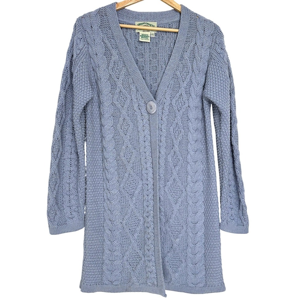 Aran Crafts‎ Ireland Merino Wool One Button Long Cardigan Blue XS